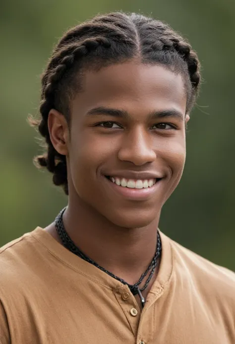 16 year old teenage boy, very dark black skin, brown brown eyes, rectangular face, shoulder-length curly medium black hair with stylish nagô braids, thick lips, double chin, defined jaw, convinced smile, stylish, appealing, Masculine Energy, sensuous, extr...