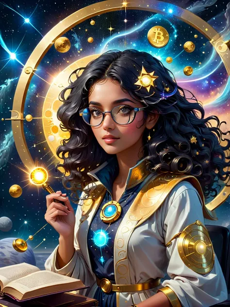 an astrologer from the future, peering into a golden astronomy tool against the backdrop of a starry sky. the astrologer, a sout...