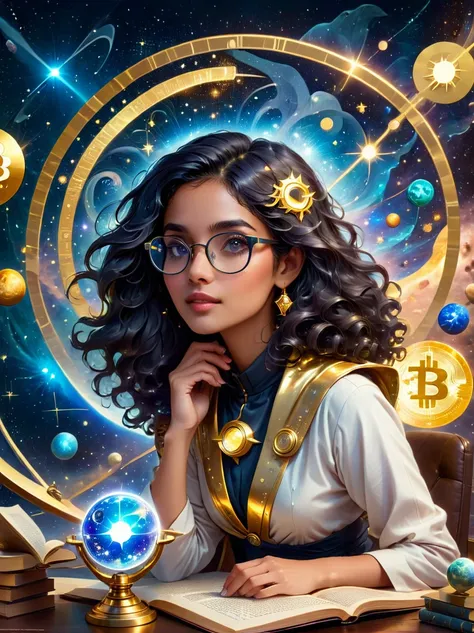 an astrologer from the future, peering into a golden astronomy tool against the backdrop of a starry sky. the astrologer, a sout...