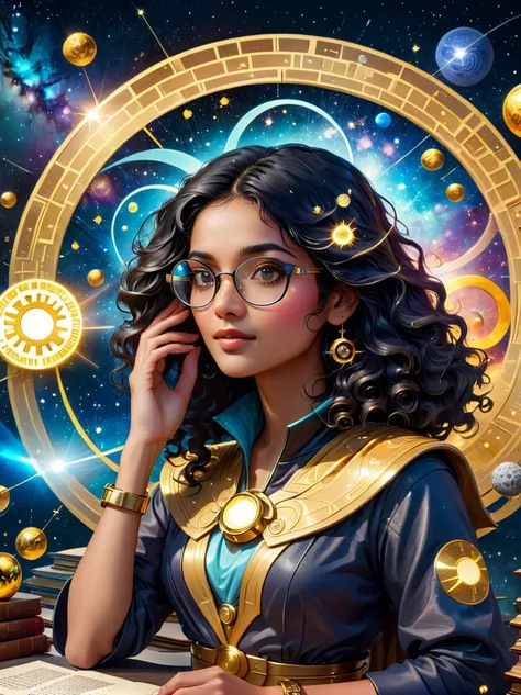 an astrologer from the future, peering into a golden astronomy tool against the backdrop of a starry sky. the astrologer, a sout...