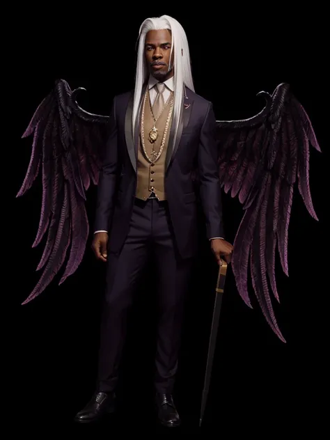 A very strong black gentleman, with straight white hair, white eyebrows, barbas brancas, with burgundy wings 