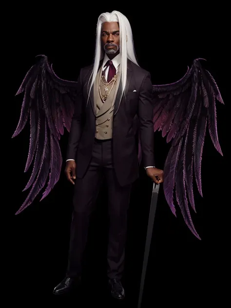 A very strong black gentleman, with straight white hair, white eyebrows, barbas brancas, with burgundy wings 