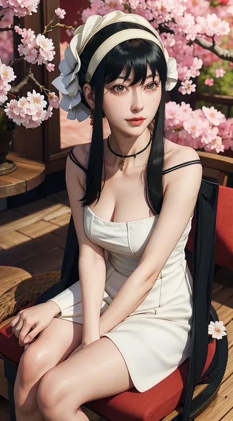 yor, Mature female,  bangs, side locks, Red eyes, Black hair, hair adornments，sportrait, (face:1.2), schoolgirls, ssmile,bare shoulders​, Black hair, cherry blossom, cleavage, (gown:1.21), clavicle, Willow Branch, (masterpiece best quality :1.2),