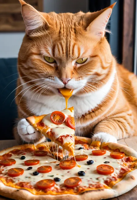 fat orange cat eating a pizza