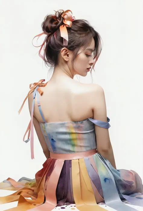 (8K, best quality, masterpiece:1.2),(best quality:1.0), (ultra highres:1.0), watercolor, a beautiful woman, shoulder, hair ribbons, by agnes cecile, half body portrait, extremely luminous bright design, pastel colors, (ink:1.3), autumn lights,Brown Hair　Si...