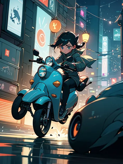 a girl rushes on a scooter through the city at night, deftly maneuvering between passers-by. The lights of the night city flicker around: car headlights, shop windows,