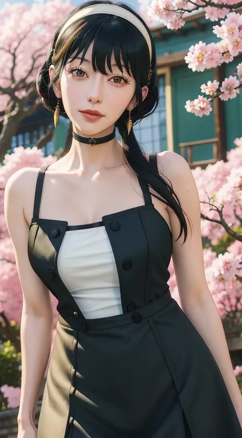 yor, Mature female,  bangs, side locks, Red eyes, Black hair, hair adornments，sportrait, (face:1.2), schoolgirls, ssmile,bare shoulders​, Black hair, cherry blossom, cleavage, (gown:1.21), clavicle, Willow Branch, (masterpiece best quality :1.2),