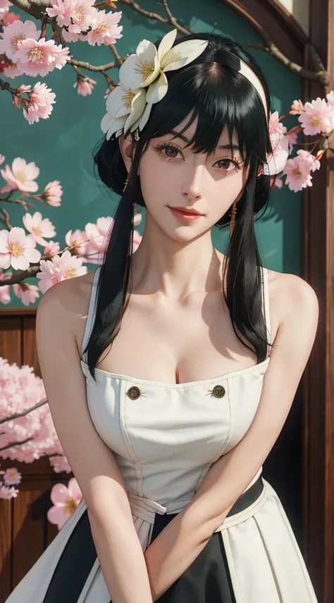 yor, Mature female,  bangs, side locks, Red eyes, Black hair, hair adornments，sportrait, (face:1.2), schoolgirls, ssmile,bare shoulders​, Black hair, cherry blossom, cleavage, (gown:1.21), clavicle, Willow Branch, (masterpiece best quality :1.2),