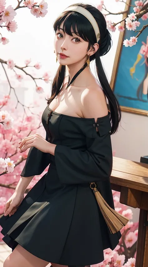 yor, Mature female,  bangs, side locks, Red eyes, Black hair, hair adornments，sportrait, (face:1.2), schoolgirls, ssmile,bare shoulders​, Black hair, cherry blossom, cleavage, (gown:1.21), clavicle, Willow Branch, (masterpiece best quality :1.2),