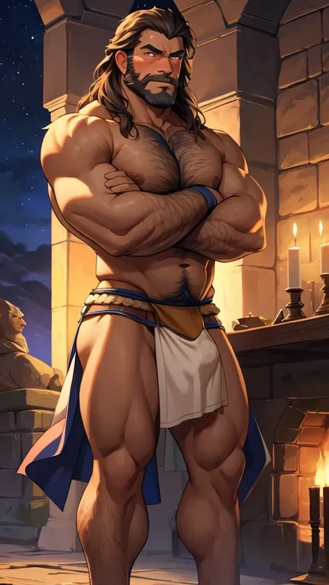 male, (mature daddy medival king), naked upper body, (loincloth), erection upward, big penis, handsome, muscular, hairy, (blush), (posture with arms crossed), middle aged man, homoerotic, Standing, realistic, night, delicate eyes, hairy legs