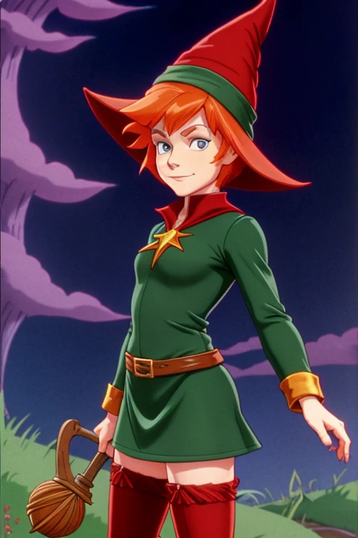 a redhead cartoon character dressed in a leotard, young half elf wizard, a young male wizard, half-elf time wizard, granny weatherwax, 1980s cartoon, animated episode still, norman rockwel, witch academia, portrait of a young elf wizard, tiny evil alchemis...