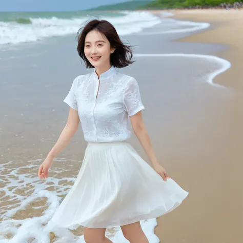 blue，Beach with white waves, Beautiful 36-year-old short Korean woman, Chest size 34 inches, Wear white short sleeves and sleeveless tops, lightweight mid length skirt. beautiful pretty woman look , wearing a light skirt , Go far into the sea water, dip yo...