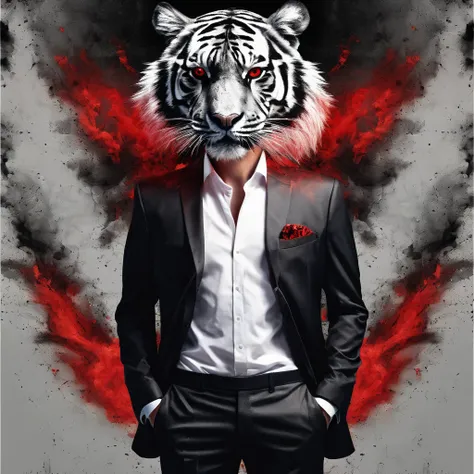 (masterpiece  Best quality: 1.2) Overlay illustration of the merged image.  man in suit  Black hair with red highlights, red eyes (( black, man dressed from ashes  A man dressed from light)) A living tiger  (transparency effect of tiger image   Fits a mans...