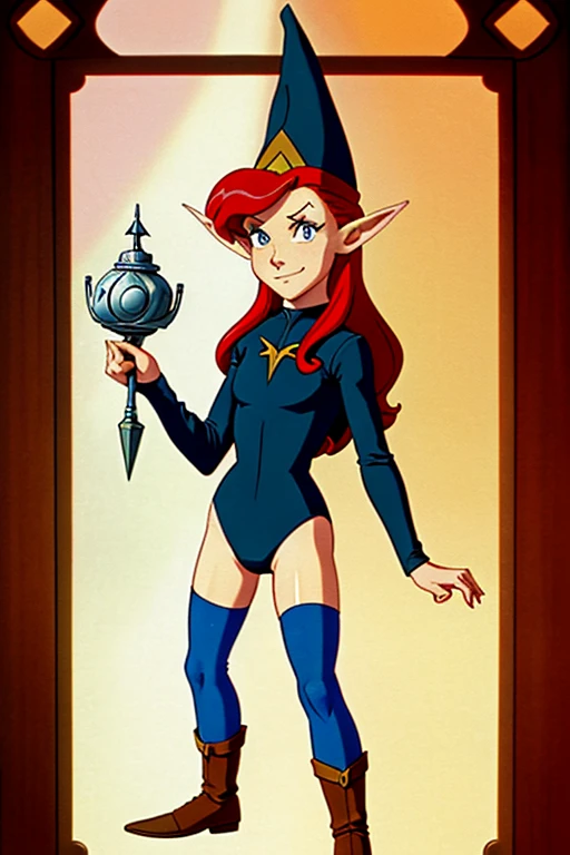 a redhead cartoon character dressed in a leotard, young half elf wizard, a young male wizard, half-elf time wizard, granny weatherwax, 1980s cartoon, animated episode still, norman rockwel, witch academia, portrait of a young elf wizard, tiny evil alchemis...