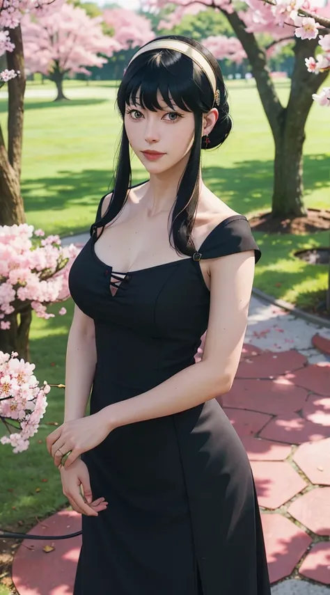 yor, Mature female,  bangs, side locks, Red eyes, Black hair, hair adornments，sportrait, (face:1.2), schoolgirls, ssmile,bare shoulders​, Black hair, cherry blossom, cleavage, (gown:1.21), clavicle, Willow Branch, (masterpiece best quality :1.2),