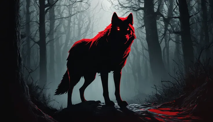 Create a digital artwork for a thumbnail titled Red Riding Hood: Dark Origin. The scene should feature an ominous forest background with twisted trees and shadows. In the foreground, depict Red Riding Hood in her iconic red cloak, but with a dark and inten...