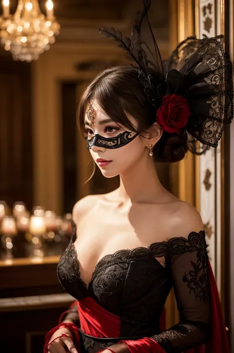 Create a full-body photo of a woman at a secret masquerade party. She is wearing an intricate Venetian mask and an elaborate costume, exuding elegance and mystery. Focus on her sophisticated appearance, highlighting her beautifully detailed eyes and lips. ...