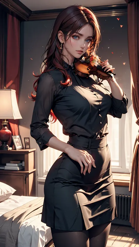 19-year-old female、A feminine and fancy room、Red hair、Sexy proportions、Sexy、Sheer blouse、skirt、Violin playing