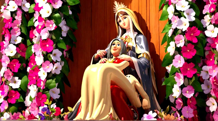 flowery background, pixar 3D cartoons, woman sitting with her dead adult son in her arms, Our Lady of Mercy  , ::cartoon pixar style