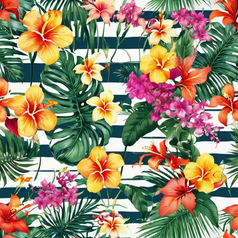 a Seamless pattern with tropical flowers and leaves on a striped background, blooming tropical flowers, tropical flowers, Seamless pattern design, Summer color pattern, flower的, tropical background, flower的 pattern, beautiful tropical flowers, tropic plant...