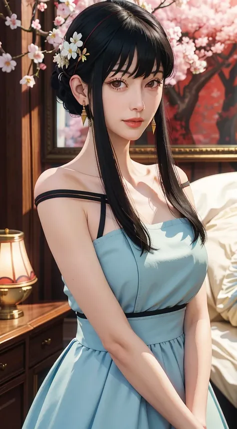 yor, Mature female,  bangs, side locks, Red eyes, Black hair, hair adornments，sportrait, (face:1.2), schoolgirls, ssmile,bare shoulders​, Black hair, cherry blossom, cleavage, (gown:1.21), clavicle, Willow Branch, (masterpiece best quality :1.2),