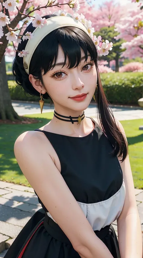 yor, Mature female,  bangs, side locks, Red eyes, Black hair, hair adornments，sportrait, (face:1.2), schoolgirls, ssmile,bare shoulders​, Black hair, cherry blossom, cleavage, (gown:1.21), clavicle, Willow Branch, (masterpiece best quality :1.2),