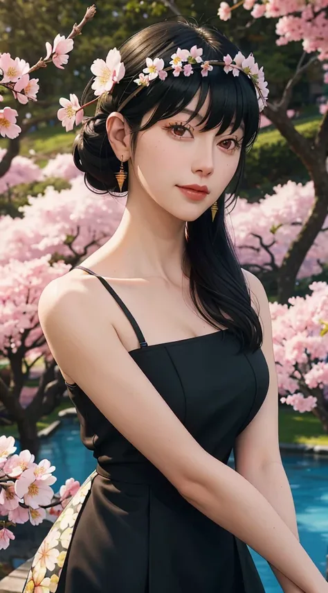 yor, Mature female,  bangs, side locks, Red eyes, Black hair, hair adornments，sportrait, (face:1.2), schoolgirls, ssmile,bare shoulders​, Black hair, cherry blossom, cleavage, (gown:1.21), clavicle, Willow Branch, (masterpiece best quality :1.2),