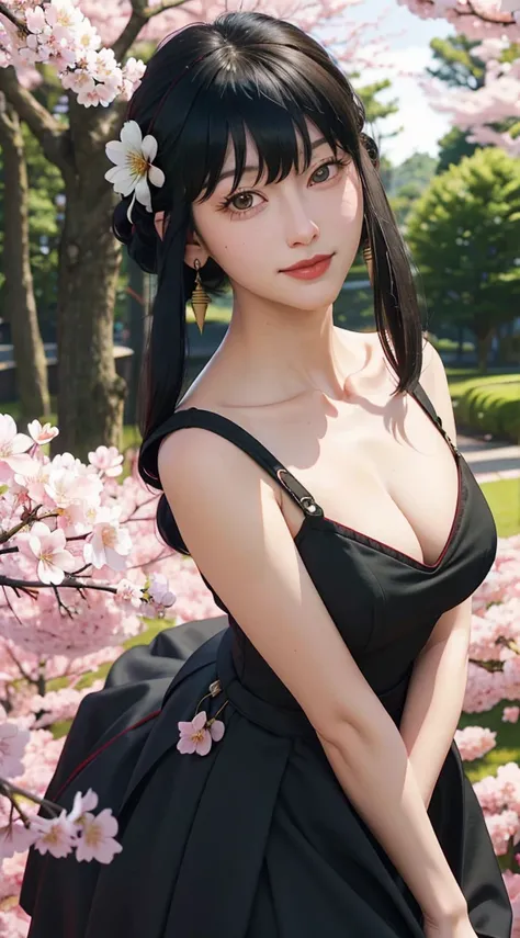 yor, Mature female,  bangs, side locks, Red eyes, Black hair, hair adornments，sportrait, (face:1.2), schoolgirls, ssmile,bare shoulders​, Black hair, cherry blossom, cleavage, (gown:1.21), clavicle, Willow Branch, (masterpiece best quality :1.2),