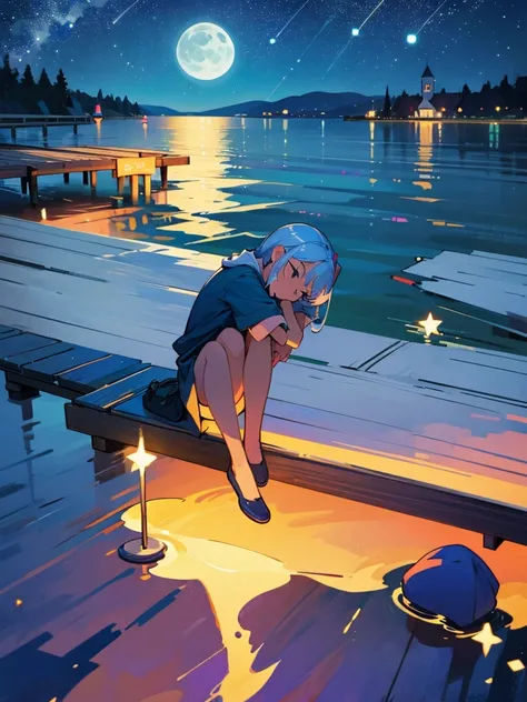 the girl sits on the pier, stretching her legs towards the shimmering surface of the water.  Overhead, the bottomless night sky is strewn with stars, and the full moon reflects on the surface of the water, creating a shimmering path.  Her bag lies next to ...