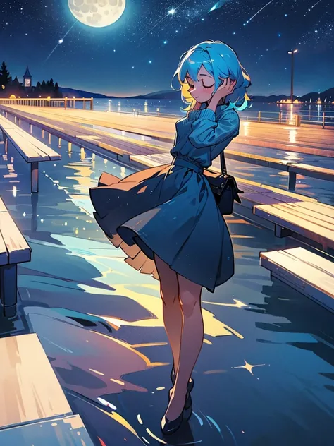 the girl sits on the pier, stretching her legs towards the shimmering surface of the water.  Overhead, the bottomless night sky is strewn with stars, and the full moon reflects on the surface of the water, creating a shimmering path.  Her bag lies next to ...