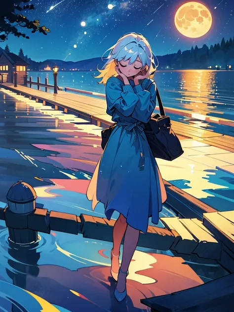 the girl sits on the pier, stretching her legs towards the shimmering surface of the water.  Overhead, the bottomless night sky is strewn with stars, and the full moon reflects on the surface of the water, creating a shimmering path.  Her bag lies next to ...