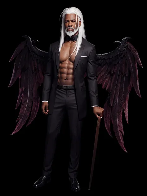 A very strong black gentleman, with straight white hair, with white eyebrows, with white beard, with burgundy wings 