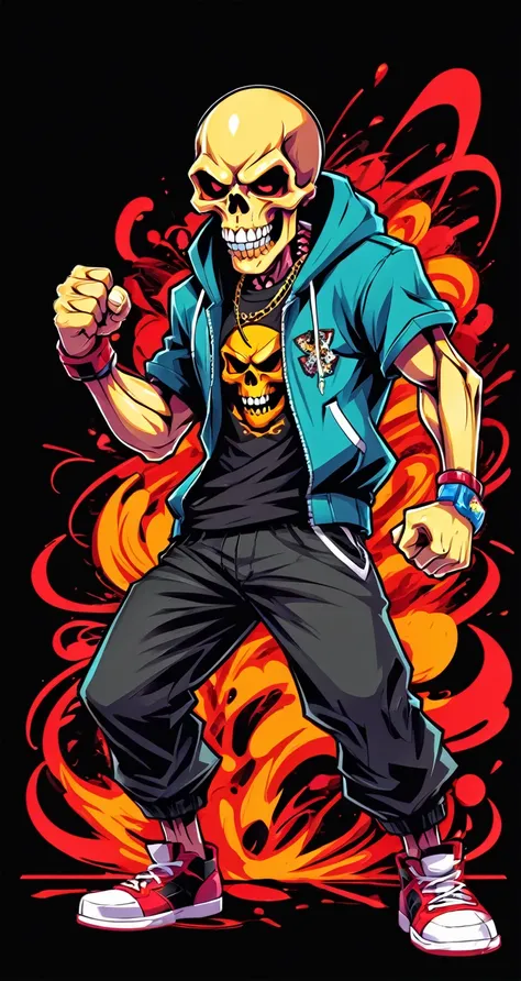 Fighting game style skull head, Hip-Hop Style, t shirt design, flat-colors, vectorial art,  ((black backdrop)) . dynamic, Vibrant, full of action, detailed character design, reminiscent of fighting video games