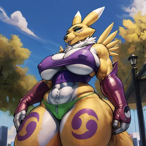 by darkgem, by duase, by BNG, by sligarthetiger, renamon, digimon, anthro, female, older woman, furry body, wide body, wide hips, thick thighs, big arms, (huge breasts:1.1), heavy breasts, nipple outline, highly detailed eyes, milf, tank top, bare midriff,...