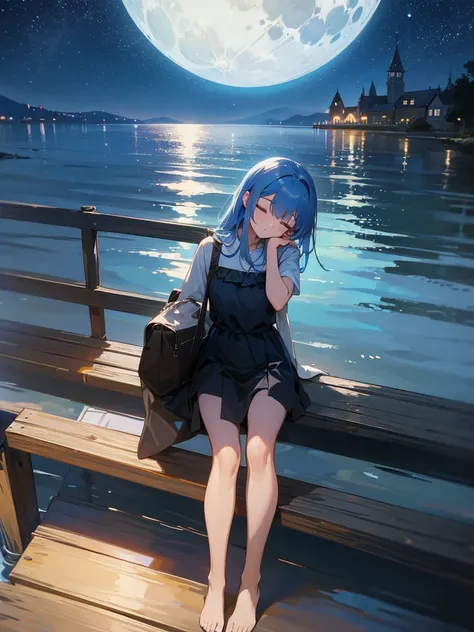 the girl sits on the pier, stretching her legs towards the shimmering surface of the water.  Overhead, the bottomless night sky is strewn with stars, and the full moon reflects on the surface of the water, creating a shimmering path.  Her bag lies next to ...