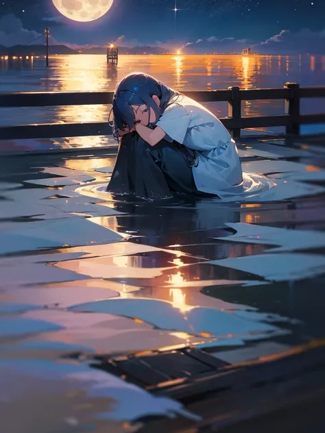 the girl sits on the pier, stretching her legs towards the shimmering surface of the water.  Overhead, the bottomless night sky is strewn with stars, and the full moon reflects on the surface of the water, creating a shimmering path.  Her bag lies next to ...