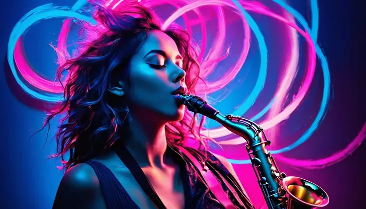 Create a captivating image of a woman playing the saxophone, Surrounded by the fantastic glow of neon blue and neon pink rings, Reminiscent of moving electrons. Using various brush strokes、Create dynamic and visually appealing compositions。.

Imagine a wom...