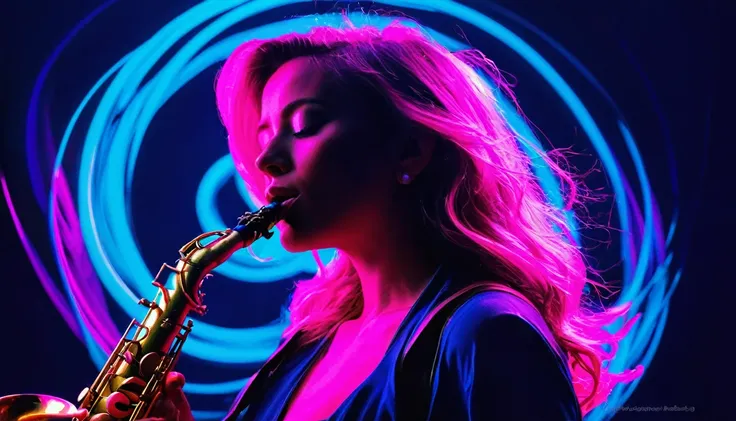 Create a captivating image of a woman playing the saxophone, Surrounded by the fantastic glow of neon blue and neon pink rings, Reminiscent of moving electrons. Using various brush strokes、Create dynamic and visually appealing compositions。.

Imagine a wom...