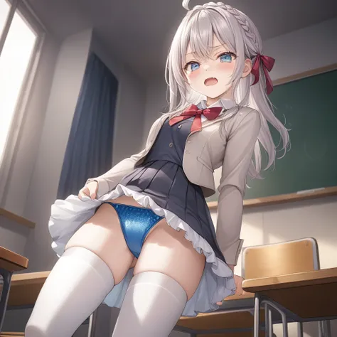 best quality, detailed girl, game cg, novel illustration, high resolution, cinematic lighting, dynamic lighting,
(skirt lift lifted by self), show off panties, panties focus,
young age,
(sequin panties:1.4), (blue panties:1.3),
crown braid, sweat,
(detaile...