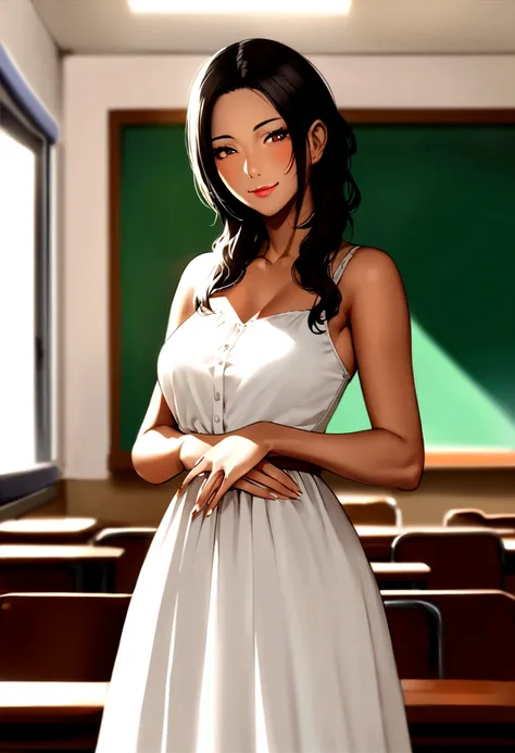 "Photograph of Maria Ventura Ahkiong Teves, a 35-year-old teacher of mixed Asian and Hispanic descent, in a Philippine elementary classroom during a sunny afternoon. Marias slender physique and dark tanned skin are evident, complemented by her long, thick ...