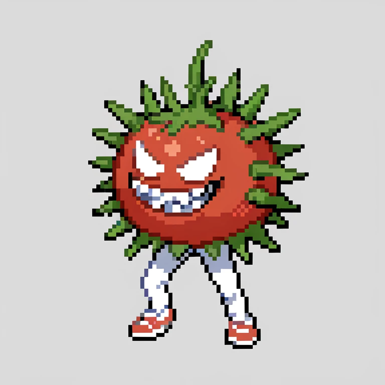 tomato with huge spiky teeth. no eyes. full body 