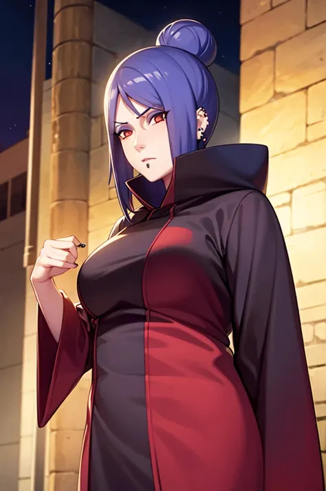 akatsuki robe with red clouds, piercings, looking at the viewer, blue hair, standing alone on a dark alley, night time, busty, l...