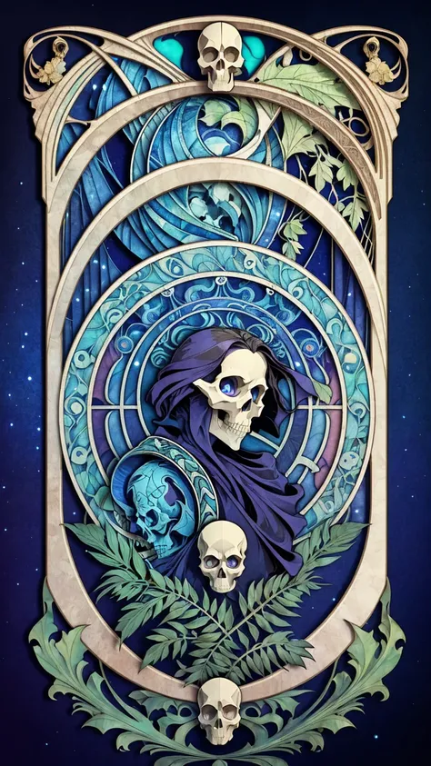 ((Art Nouveau Style)); ((skull)) with blue eyes; ravens, blue flames, green ferns, small red flames; symmetrical with thick lines, Fibonacci, golden ratio, 3D metal structure tessellation, neural graphic, neurons, color, love, passion, incredibly detailed,...