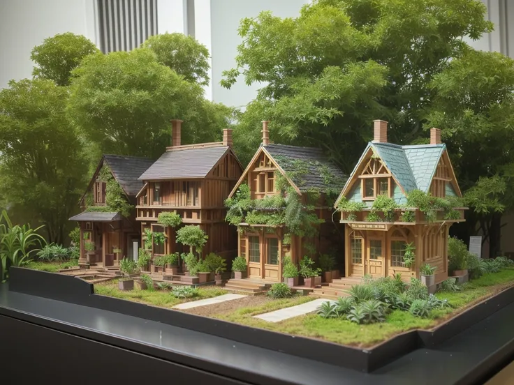 there are four miniature model buildings made of wood and plants, section model, architectural model, detailed clay model, center model buildings, miniature model, with vegetation, diorama model, detailed model, highly detailed model, 3d printed building, ...