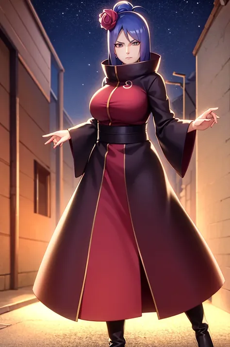 akatsuki robe with red clouds, piercings, looking at the viewer, blue hair, standing alone on a dark alley, night time, busty, large breasts, high quality, 4k