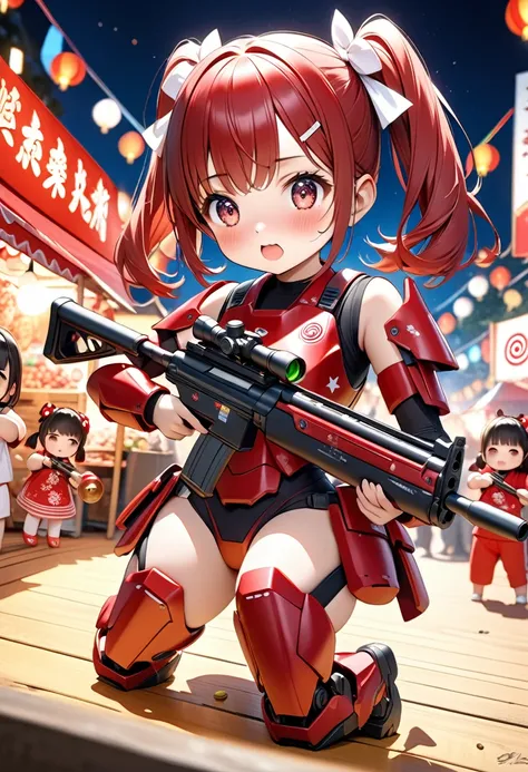 1girl in robot armor, red twin-tails, red and white barrette, red and white body armor, stylish, aiming laser rifle at target in night market, cute and comical depiction, night market stall owner in panic, fallen over target and kokeshi dolls, laser firing...