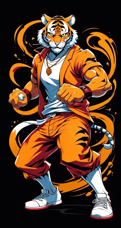 Tiger style fighting game, Hip-Hop Style, t shirt design, flat-colors, vectorial art,  ((black backdrop)) . dynamic, Vibrant, full of action, detailed character design, reminiscent of fighting video games