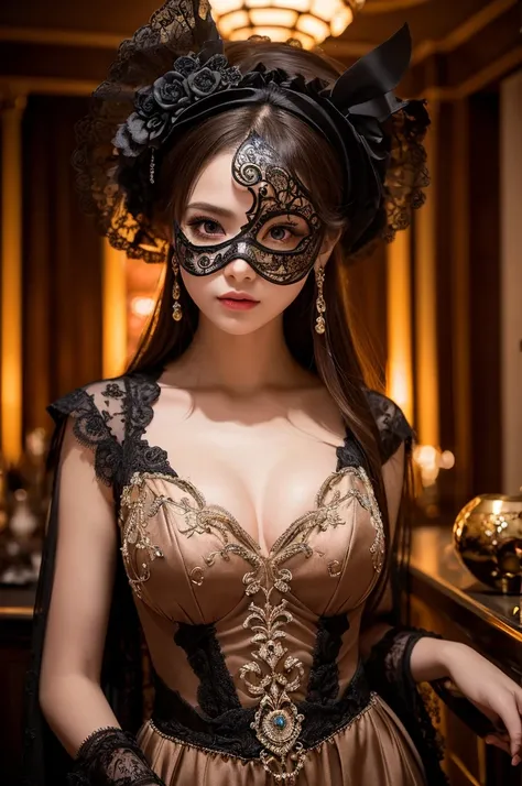 Create a full-body photo of a woman at a secret masquerade party. She is wearing an intricate Venetian mask and an elaborate costume, exuding elegance and mystery. Focus on her sophisticated appearance, highlighting her beautifully detailed eyes and lips. ...