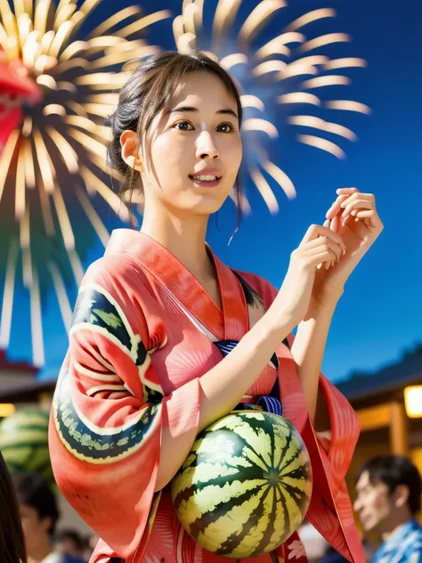 (fireworks), 1girl,(matsuri) (((Watermelon patterned yukata))), , (absurdres, highres, masterpiece), (night), vibrant colors, fluid colors, fine detailed beautiful face, ultra detailed, cowboy shot