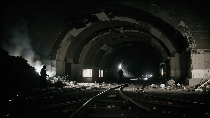 Black and white photograph of a Soviet coal mine in the 1970s. The entrance of a collapsed tunnel is visible. Debris and timber scattered around, rescue workers are seen working. Dim lighting and a dusty atmosphere.
